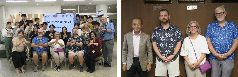 写真左は学生交流会、右は学長表敬の際の記念写真