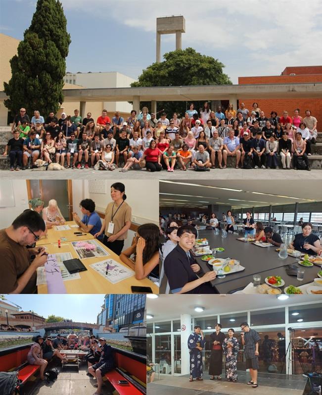 5枚の写真がコラージュされた画像。上から、参加者とスタッフ含め100名程度の集合写真。アベイロ大学のキャンパス内にて。その下に日本文化紹介ワークショップの様子。青木がテーブル脇で立って説明をしている対面に弱視の参加者が筆ペンでカタカナを書いています。その他の参加者やボランティアスタッフやナショナルコーディネータなど4～5名でテーブルを囲んで座っています。次に学食での食事風景。10名程度でテーブルを囲んでいる様子です。各国からの参加者との会話もはずみます。次に、ボートツアーは数隻に分かれて乗船、日本はチェコやスロベニアの方々と一緒でした。船の後ろから撮った写真で15名程度が写っています。これから願いの書かれたリボンが大量に結び付けられた橋の下を通るところです。最後はFarewell Partyでの日本チームプレゼンテーションの様子で、浴衣や甚平に身を包んだ4名の学生がステージに立っています。一番右側の学生が熱唱しています。